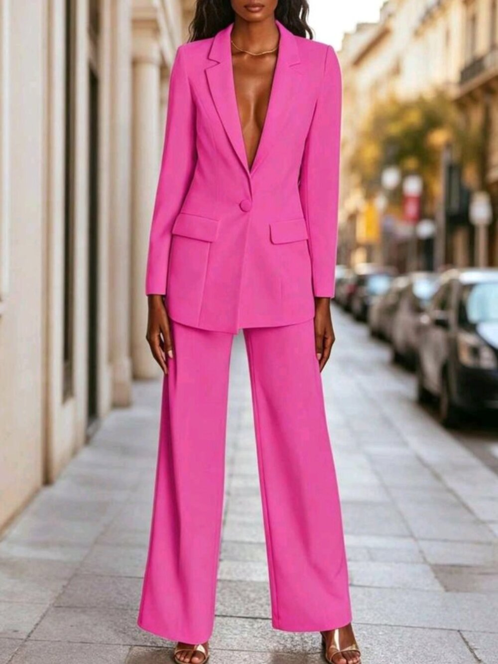 Blazer Pants Set Fall Elegant Lapel Single Button Blazer & High Waist Wide Leg